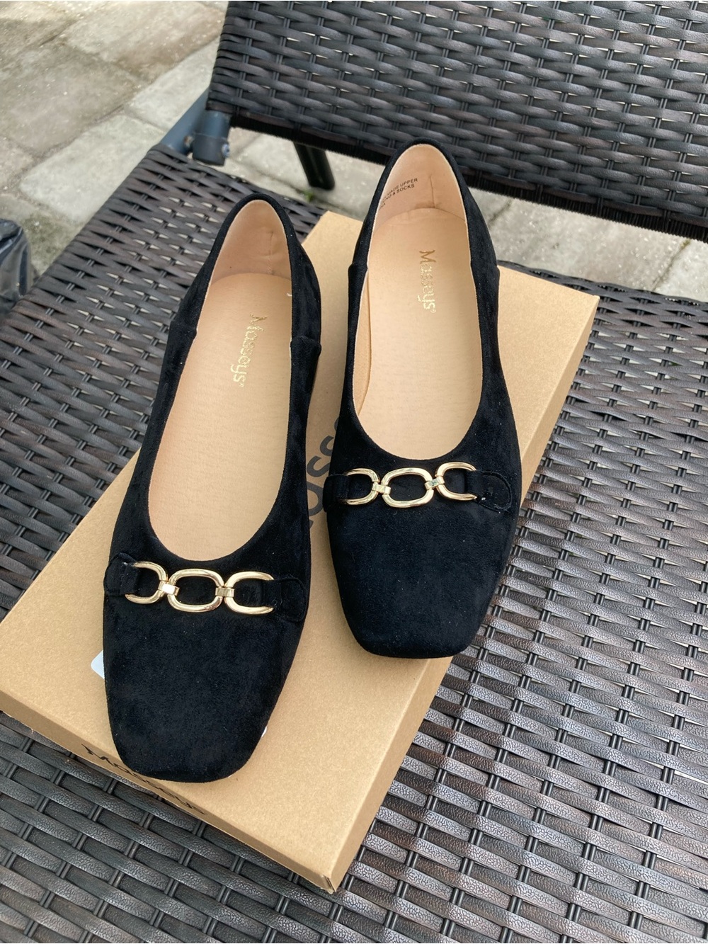 Black Suede Flats with Gold Chain Accent